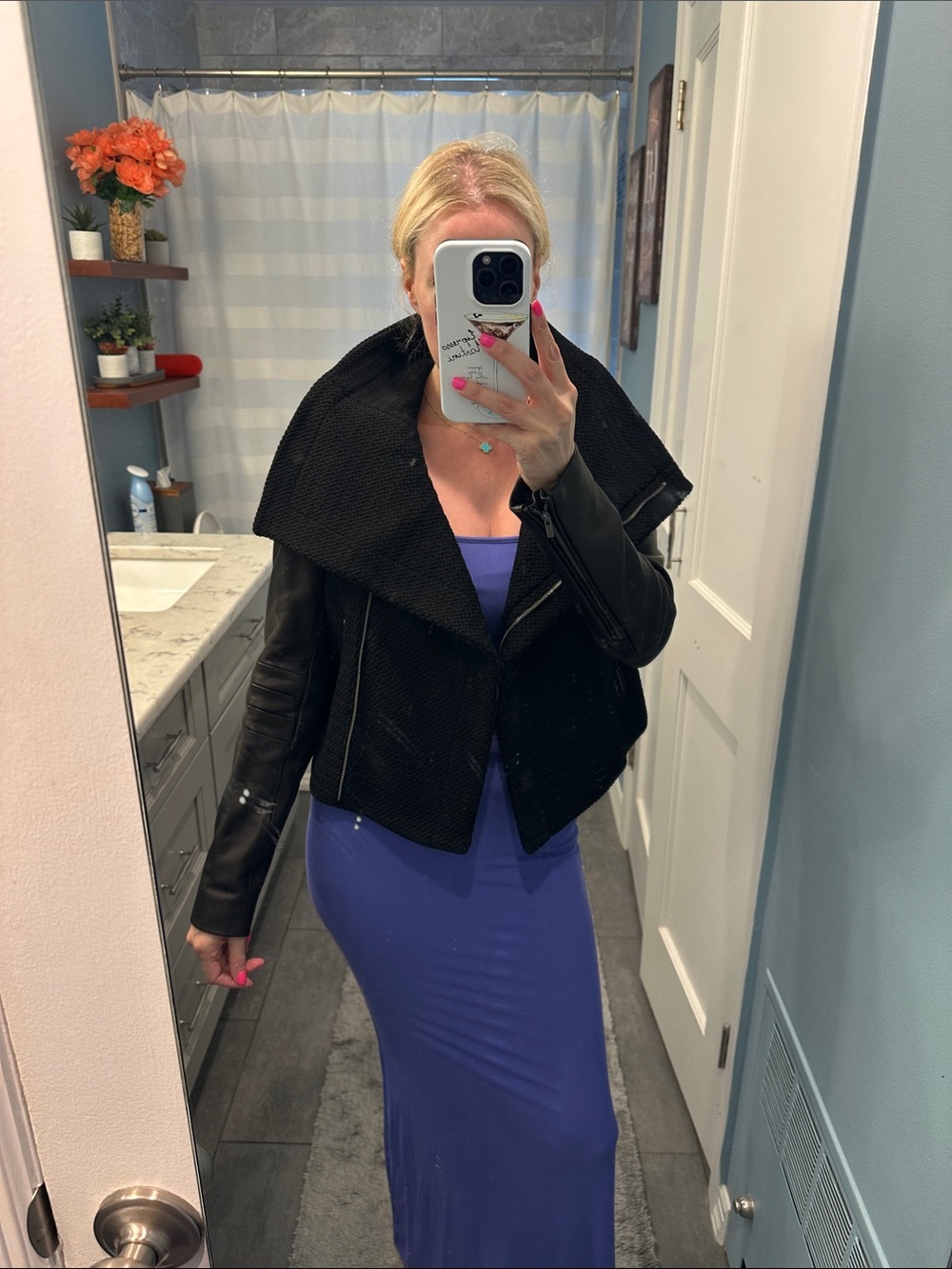 NWT Diane Von Furstenberg Black Knit Body Leather Sleeve Jacket